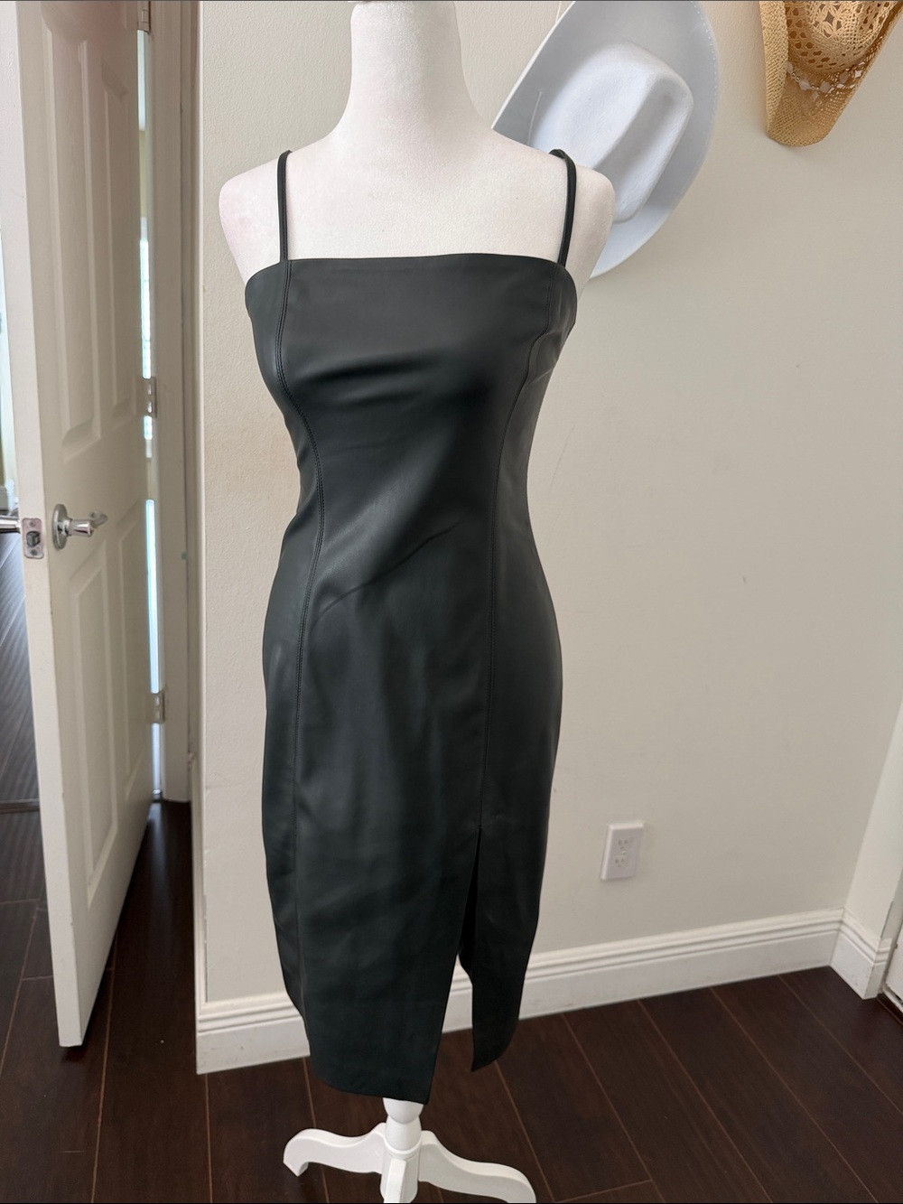 NWT Susan Monaco Square Neck Sleek Black Faux Leather Slip Dress xs